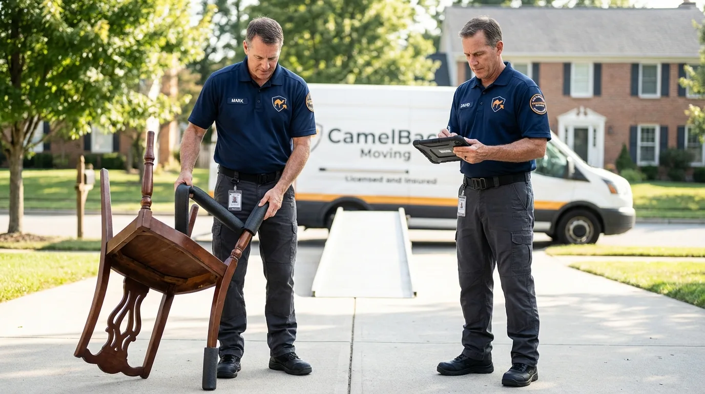 Movers inspecting furniture for damage prevention before loading in Pell City, AL