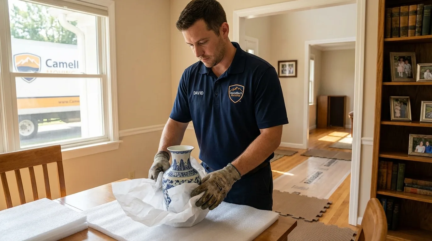 Professional crew carefully wrapping antique vase for senior downsizing move in Pell City, AL